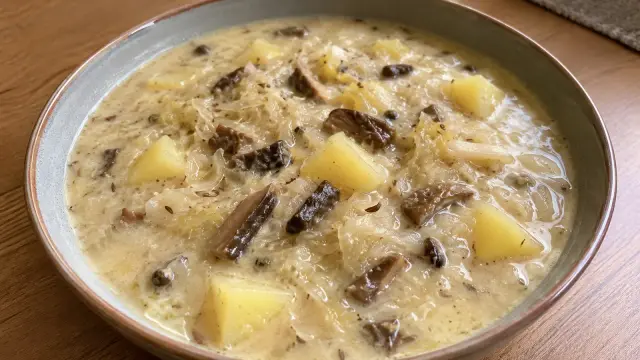 Biela smotanová kapustnica so sušenými hríbmi a zemiakmi
