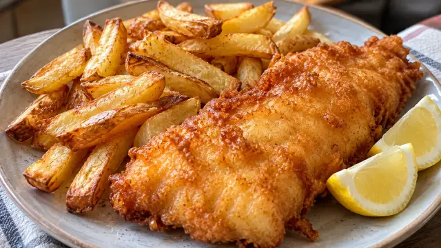Tradičné britské Fish and Chips: vyprážaná treska v pivnom cestíčku s pečenými hranolkami