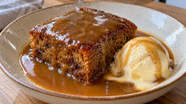 Tradičný britský datľový koláč s teplou karamelovou omáčkou (Sticky Toffee Pudding)