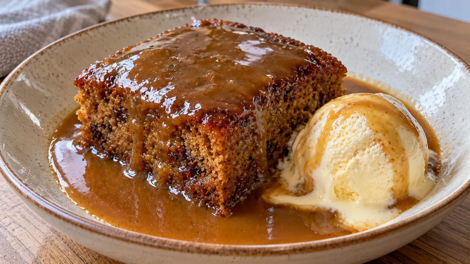 Tradičný britský datľový koláč s teplou karamelovou omáčkou (Sticky Toffee Pudding)