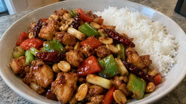 Tradičné čínske kurča Kung Pao s praženými arašidmi a paprikou