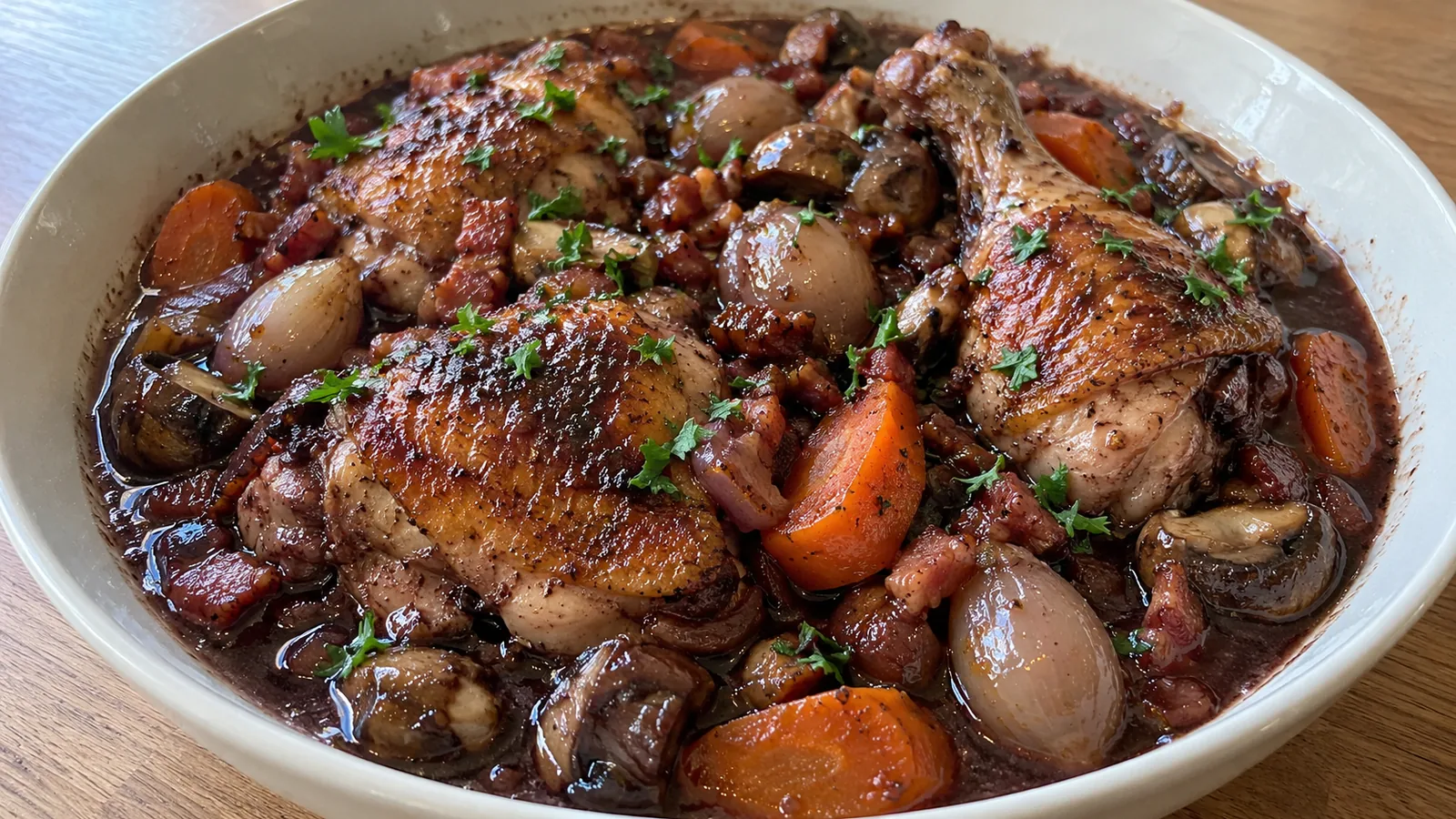Francúzske kurča na červenom víne so slaninou a šampiňónmi (Coq au Vin)