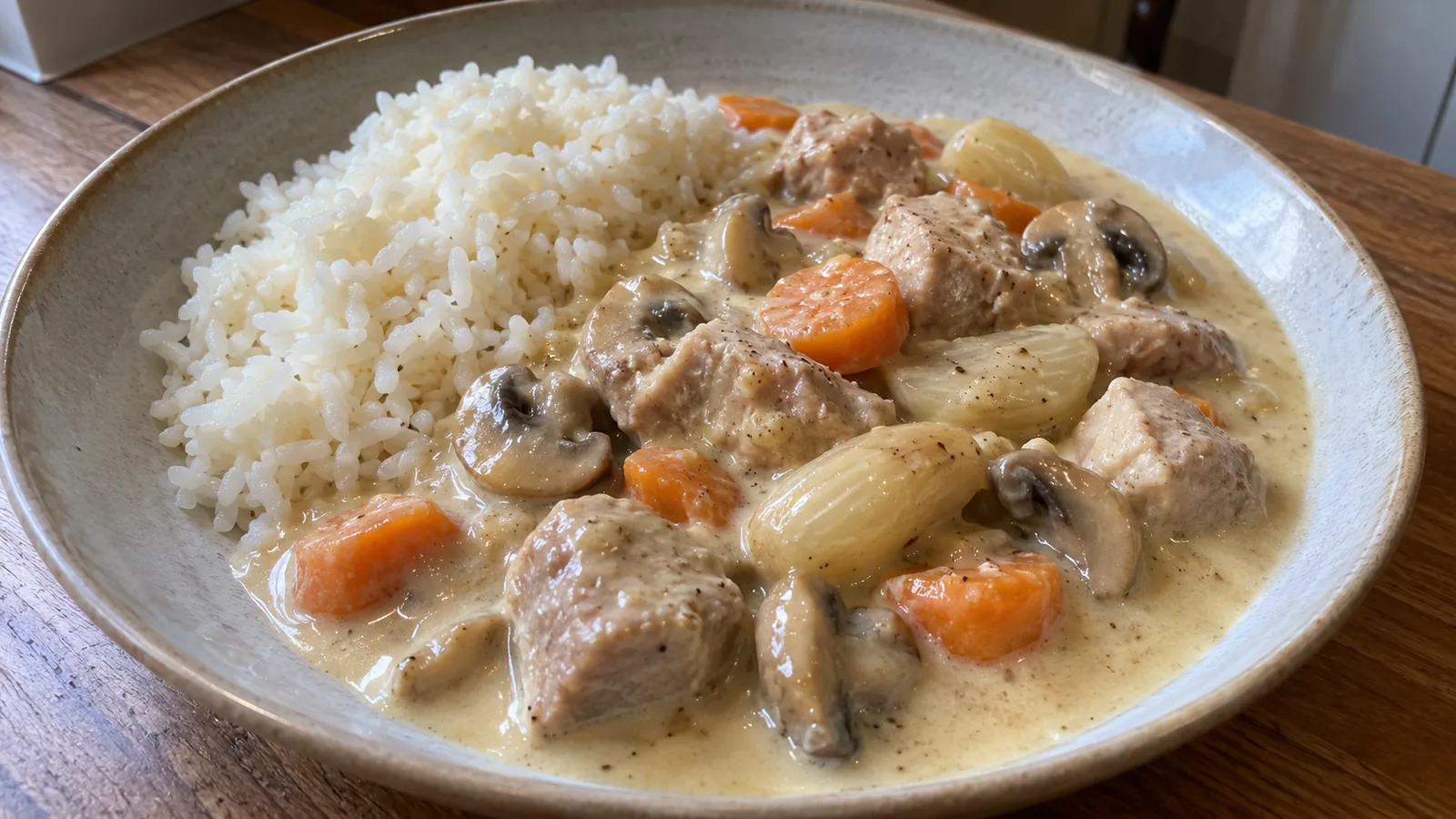 Francúzske dusené teľacie mäso na smotane so šampiňónmi a šalotkou (Blanquette de veau)