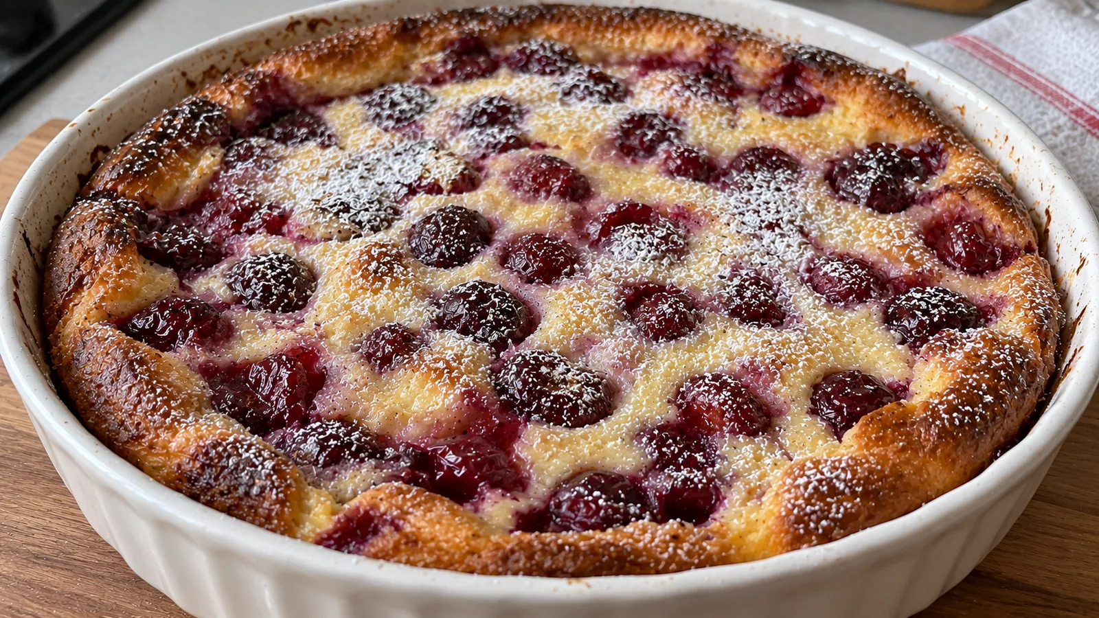 Francúzsky zapekaný čerešňový koláč z vaječno-smotanového cesta (Clafoutis)