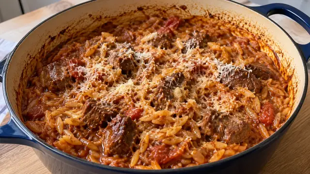 Grécke zapekané hovädzie v paradajkovej omáčke so škoricou a cestovinou orzo (Giouvetsi)