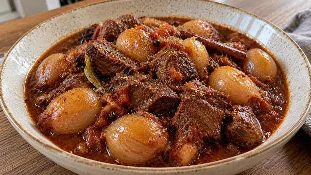 Tradičné grécke hovädzie Stifado s celými šalotkami a červeným vínom