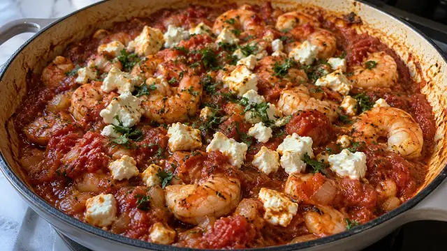 Tradičné grécke zapekané krevety v paradajkovej omáčke so syrom feta (Garides Saganaki)