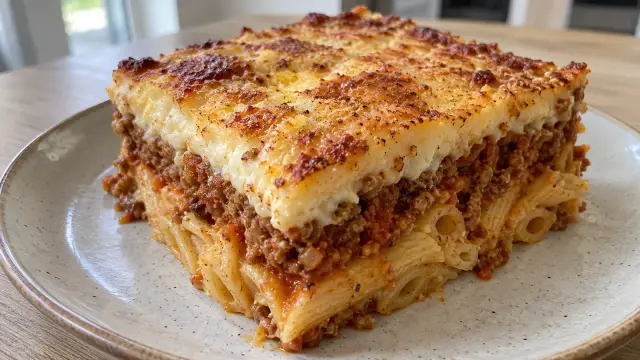 Tradičné grécke zapekané cestoviny Pastitsio s mäsovým ragú a syrovým bešamelom