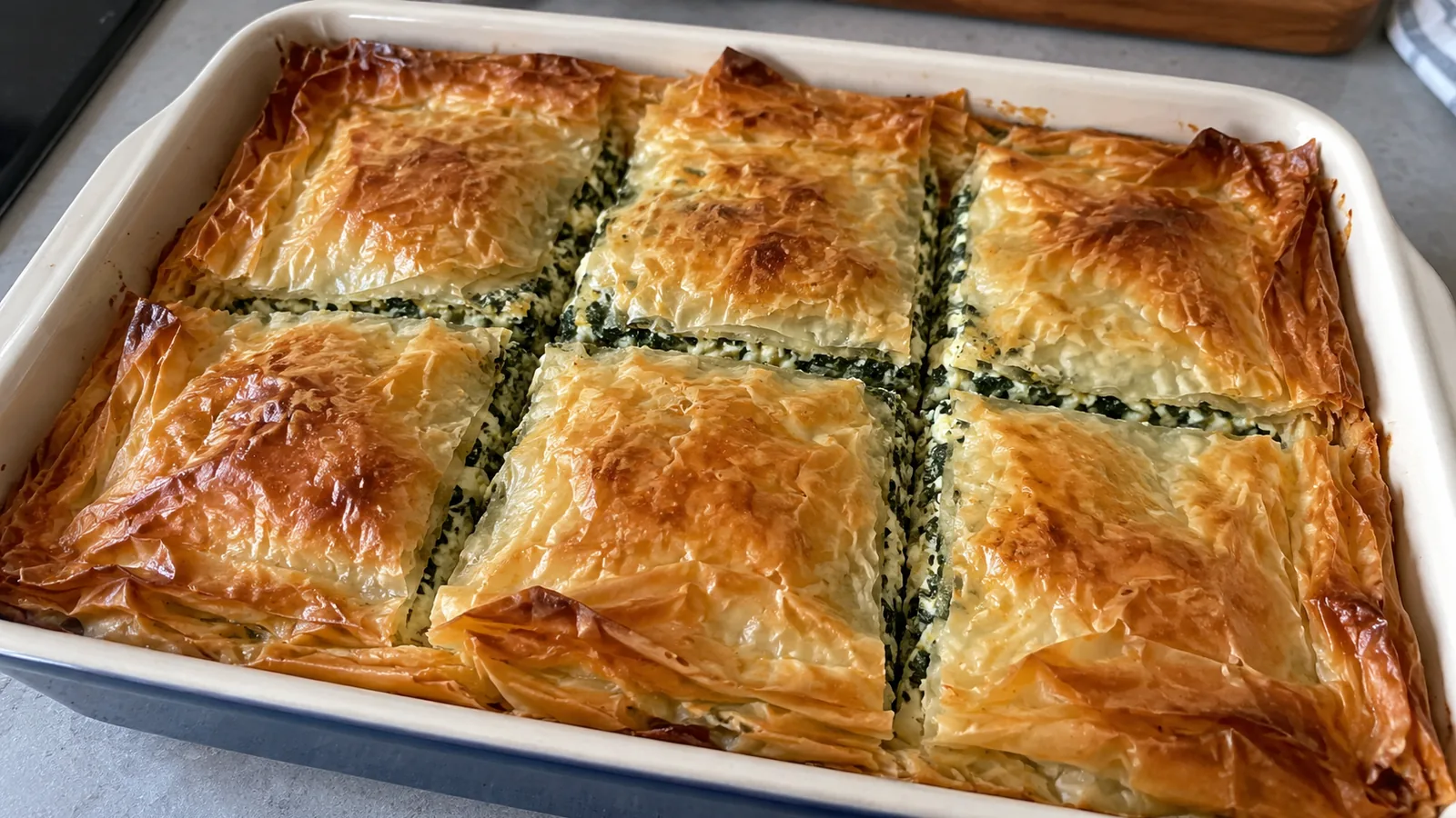 Grécky špenátový koláč z filo cesta so syrom feta a kôprom (Spanakopita)