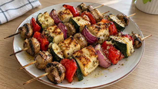 Grilované zeleninové špízy so syrom Halloumi