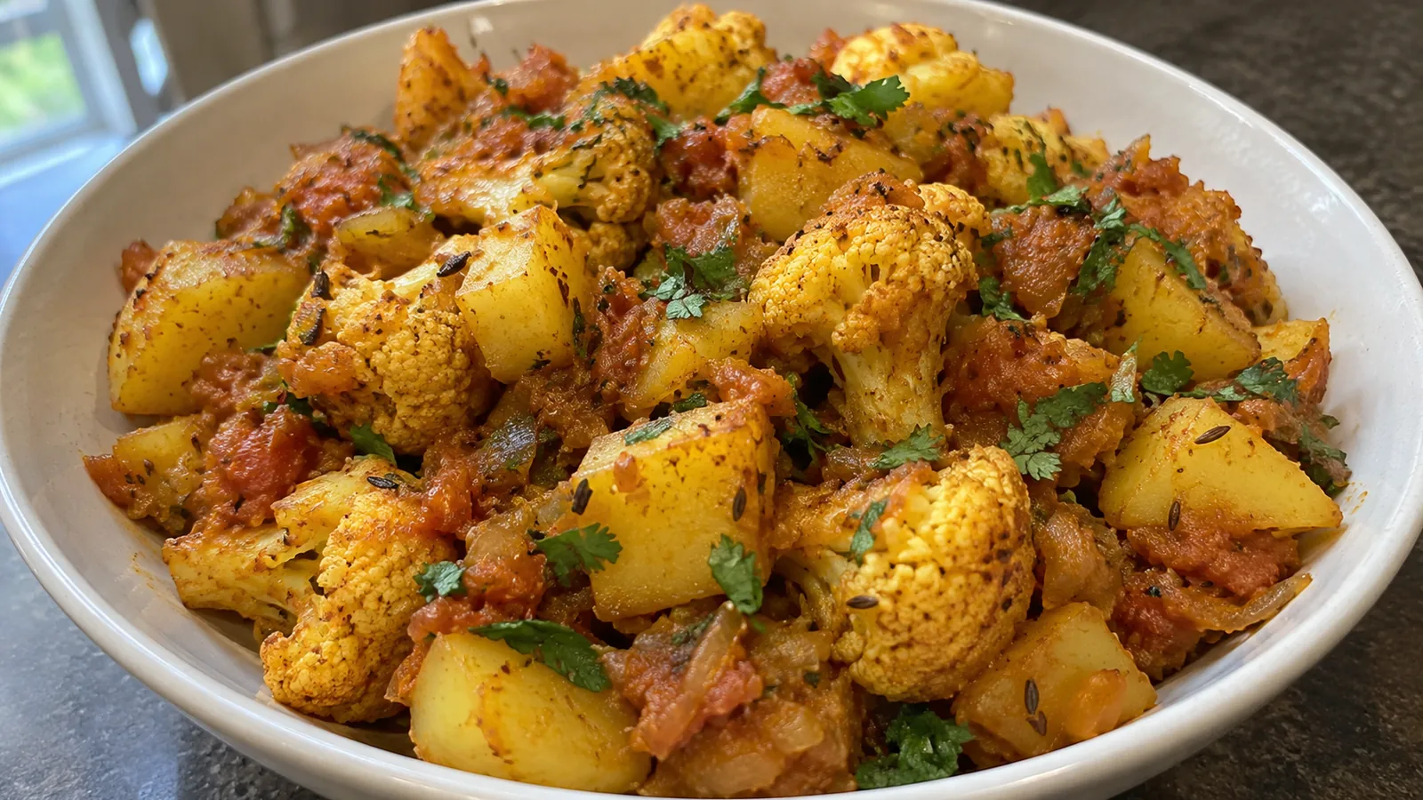 Indické dusené zemiaky s karfiolom, kurkumou a rímskou rascou (Aloo Gobi)