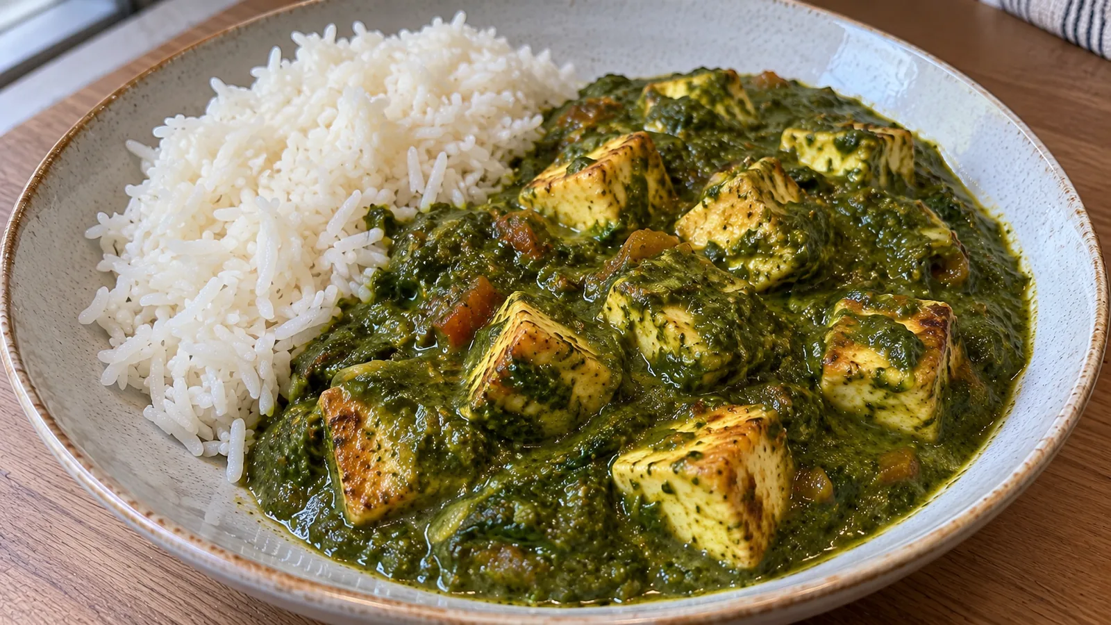 Indický dusený špenát so syrom paneer, cesnakom a zázvorom (Palak Paneer)