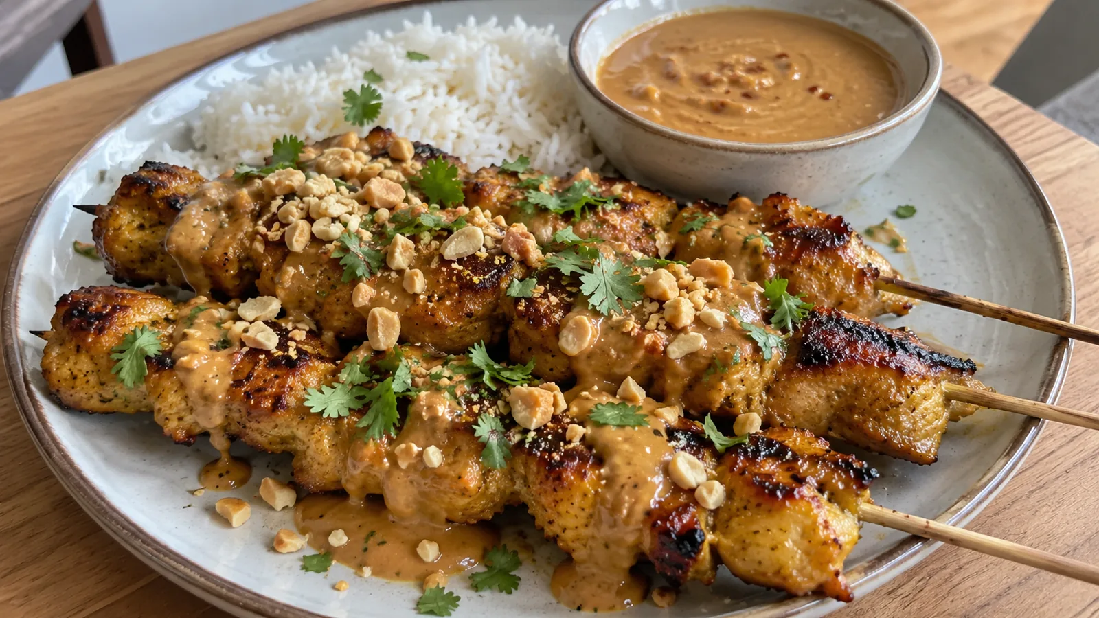 Indonézske kuracie špízy z panvice s krémovou arašidovou omáčkou (Kuracie Satay)