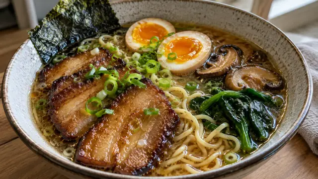 Domáca japonská polievka Ramen s glazovaným bravčovým bôčikom a vajíčkom