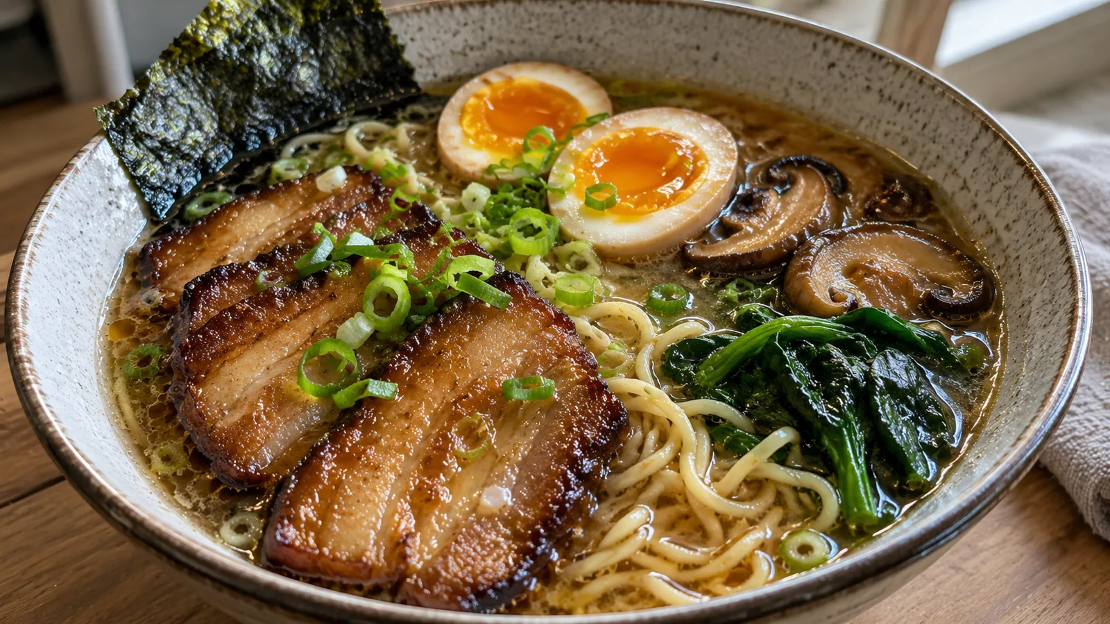 Domáca japonská polievka Ramen s glazovaným bravčovým bôčikom a vajíčkom