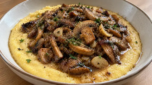 Krémová kukuričná polenta s parmezánom a restovanými hubami na cesnaku a tymiane