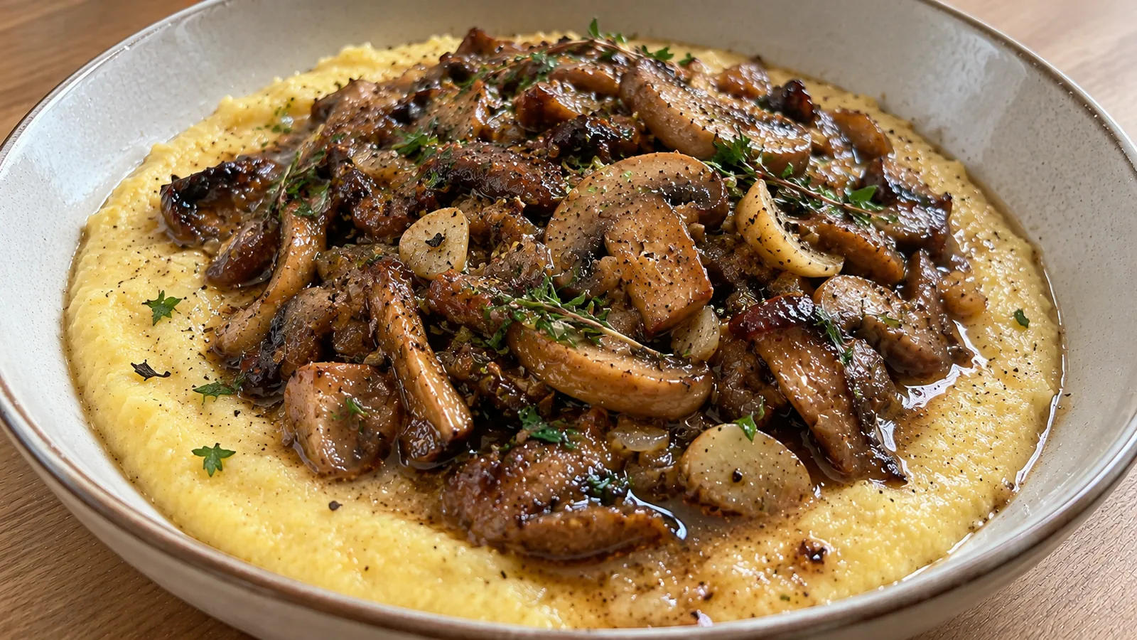 Krémová kukuričná polenta s parmezánom a restovanými hubami na cesnaku a tymiane
