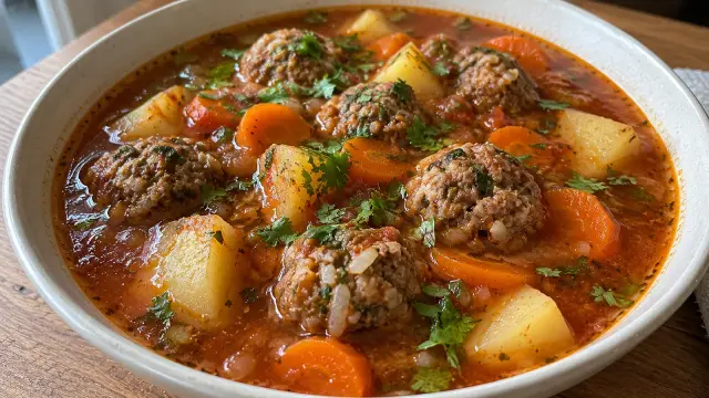 Mexická polievka s hovädzími mäsovými guľkami, ryžou a zeleninou (Sopa de albóndigas)
