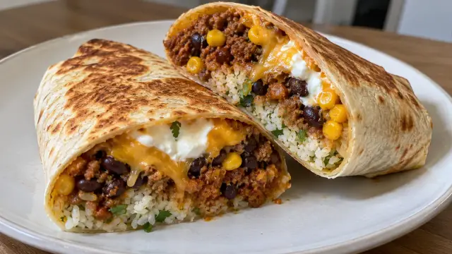 Domáce mexické Burrito s mletým hovädzím mäsom, čiernou fazuľou, ryžou a čedarom