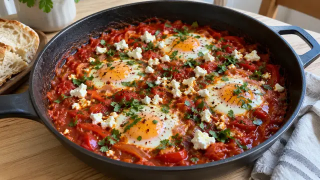 Tradičná orientálna šakšuka s vajíčkami a feta syrom