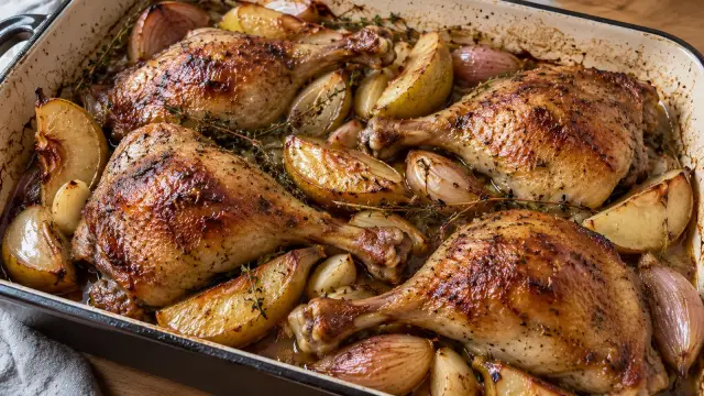 Pomaly pečené husacie stehná s hruškami, šalotkou a tymianom