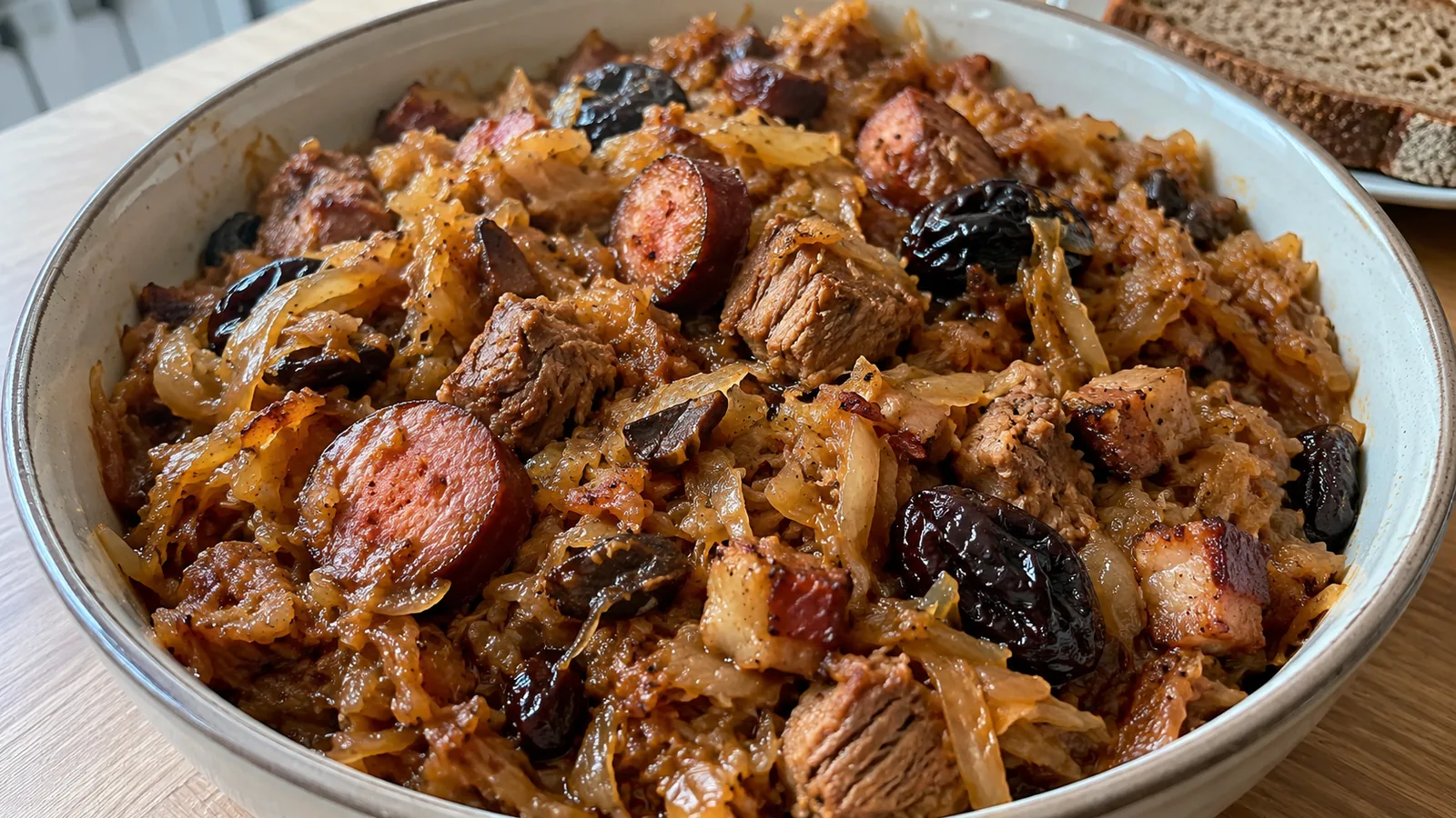 Tradičný poľský poľovnícky bigos z kapusty, mäsa a sušených sliviek