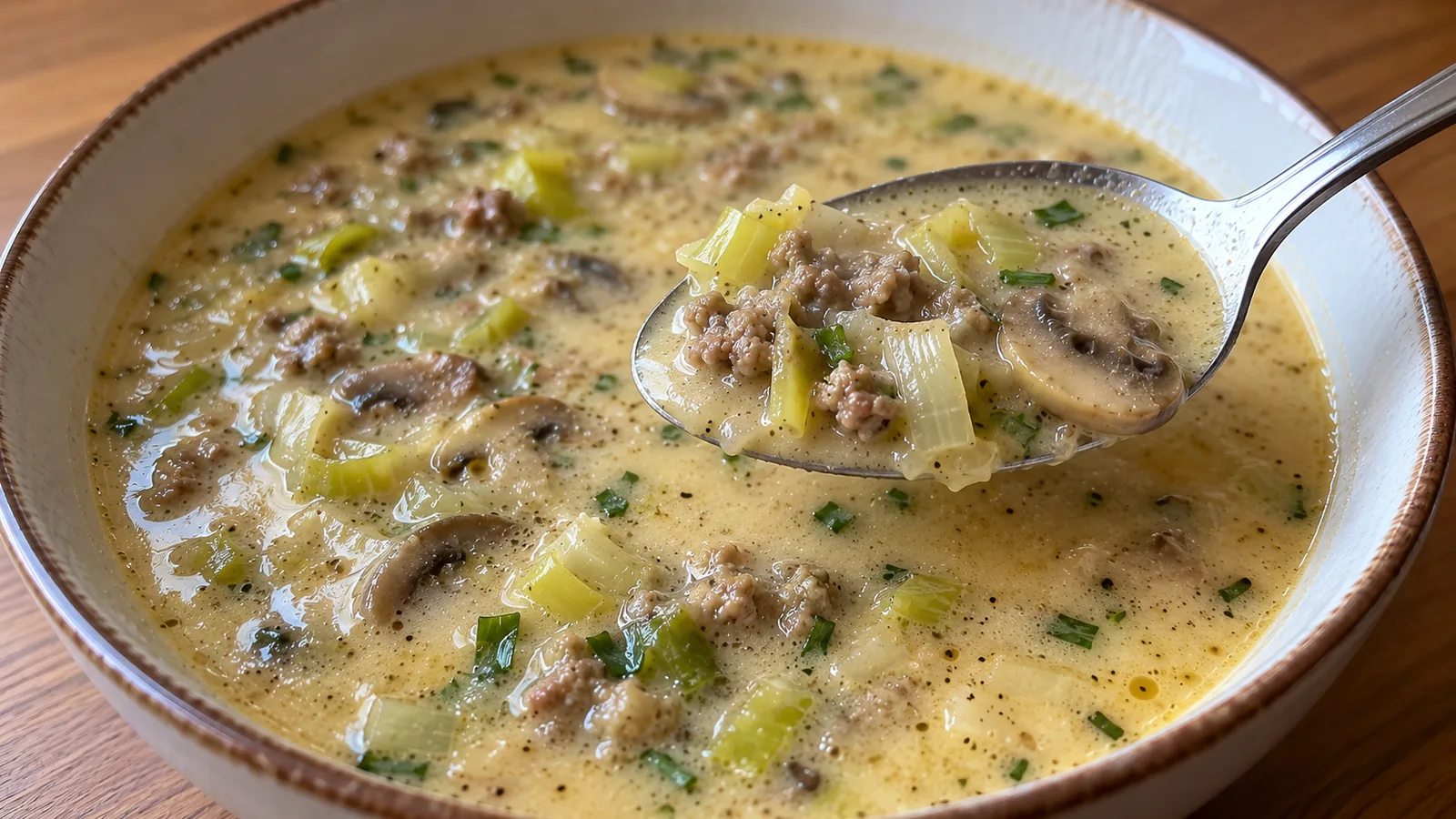 Nemecká pórovo-syrová polievka s mletým mäsom a šampiňónmi (Käse-Lauch-Suppe)