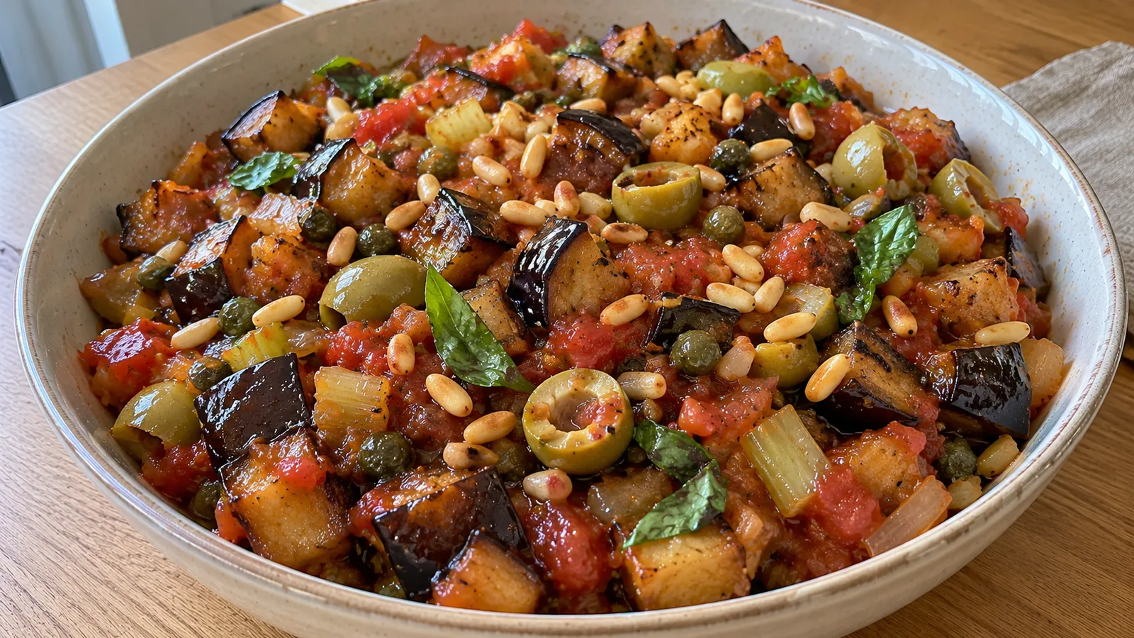 Sicílska sladkokyslá baklažánová Caponata so zelerom, olivami a kaparami