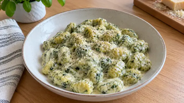 Domáce špenátové gnocchi so syrovou omáčkou