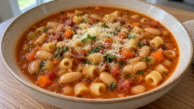 Tradičná talianska fazuľová polievka s cestovinami a slaninou (Pasta e Fagioli)