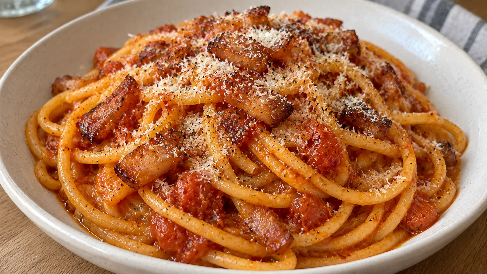 Talianske cestoviny Bucatini all'Amatriciana so slaninou guanciale, paradajkami a syrom Pecorino