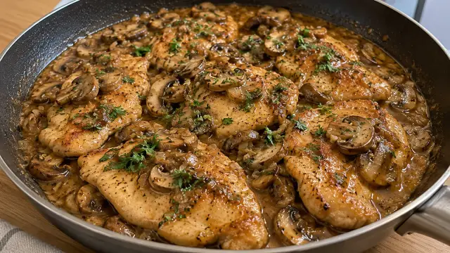 Talianske kuracie rezne na víne Marsala so šampiňónmi (Pollo al Marsala)