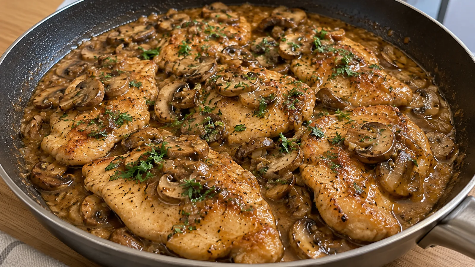 Talianske kuracie rezne na víne Marsala so šampiňónmi (Pollo al Marsala)