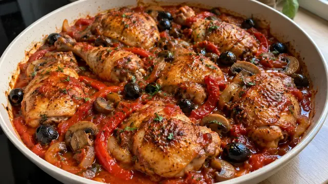 Talianske poľovnícke kurča v paradajkovo-hubovej omáčke s čiernymi olivami (Pollo alla Cacciatora)