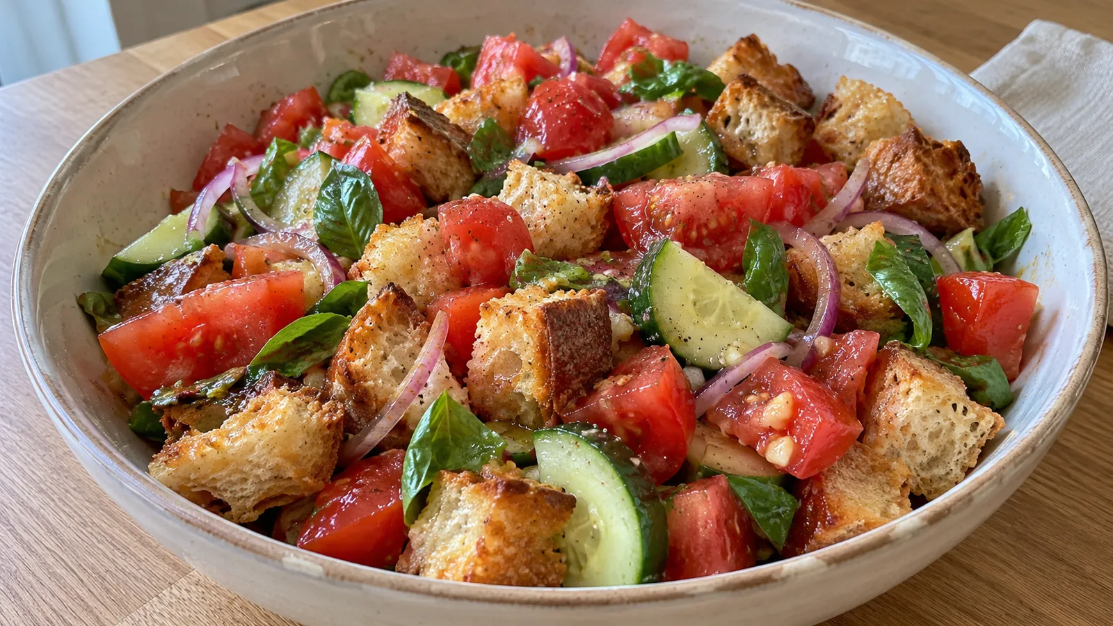 Tradičný toskánsky chlebový šalát s paradajkami, uhorkou a bazalkou (Panzanella)