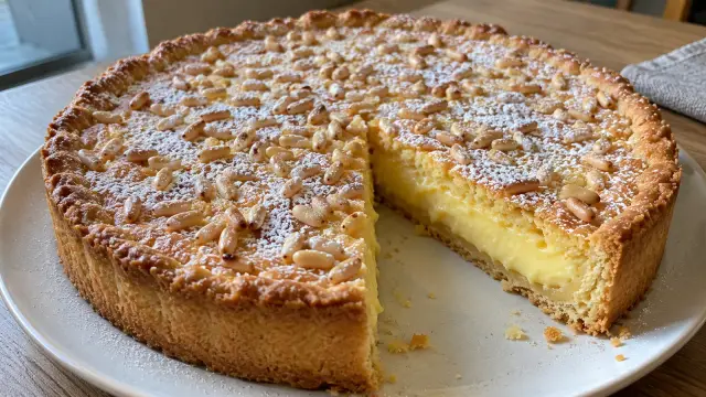 Toskánsky krehký koláč so žĺtkovým krémom a píniovými orieškami (Torta della Nonna)