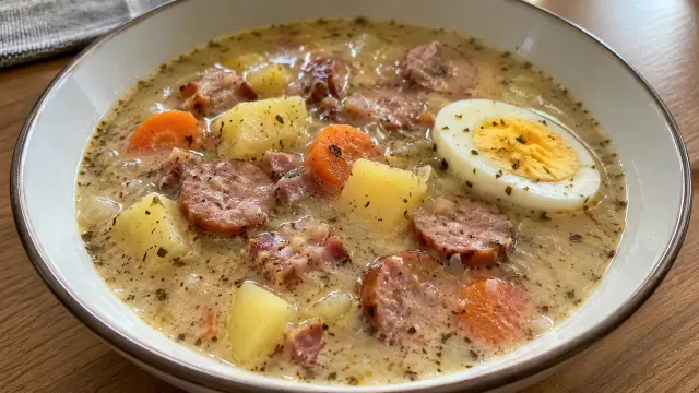 Tradičný poľský žurek (Żurek) z ražného zákvasu s údenou klobásou, slaninou, zemiakmi, chrenom a vajíčkom