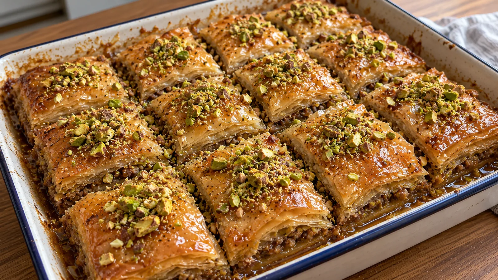 Tradičná turecká orechová Baklava z filo cesta s medovým sirupom